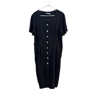Vintage  Carol Anderson Dress Button Front Black‎ 90s USA Made Midi Linen Shell